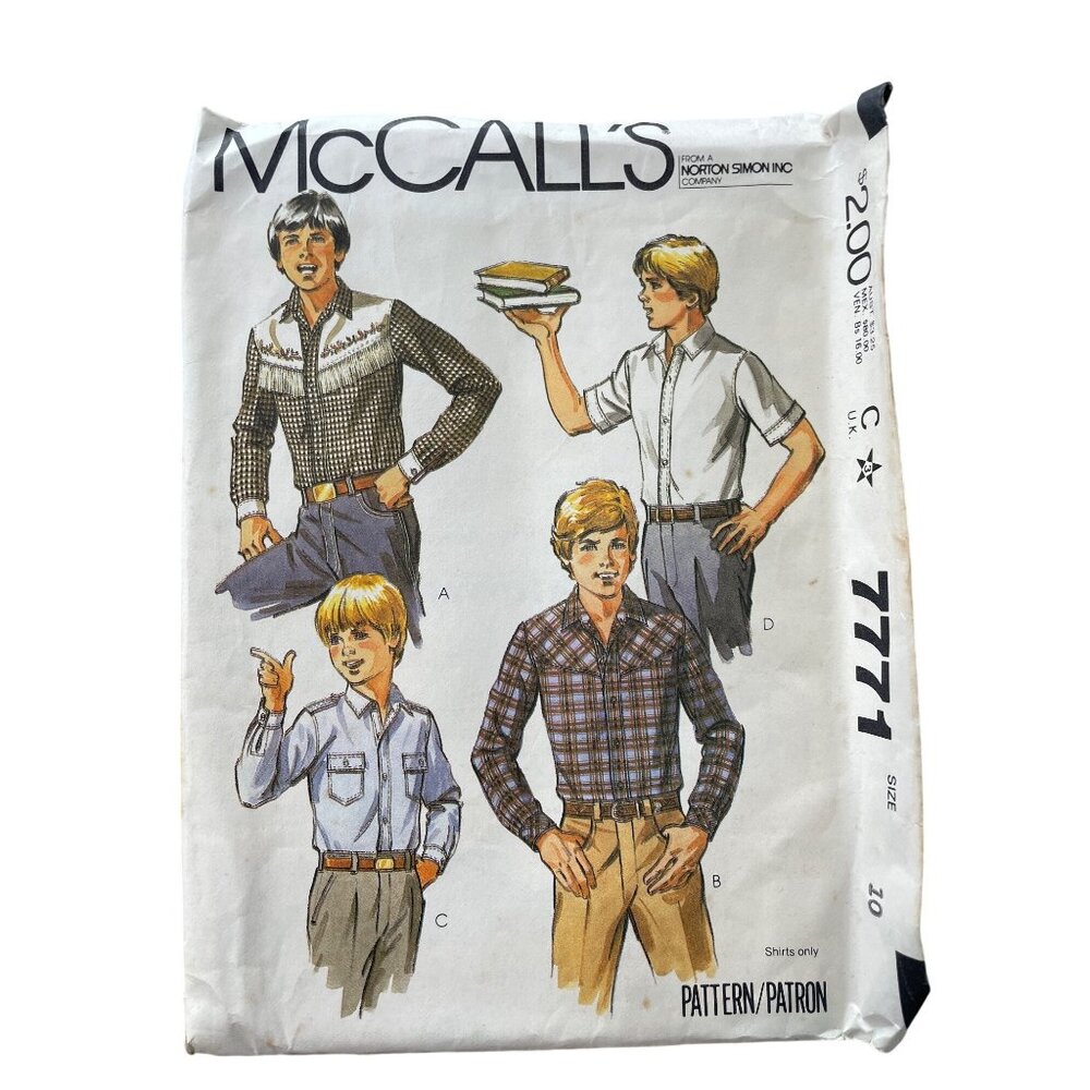 80s McCalls 7771 Boys & Teen Boys Shirt Sewing Pattern Size 10 Vintage Retro CUT